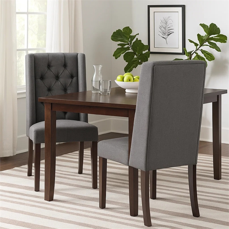 Pemberly Row Dining Chair Set of 2 Dark Brown Wood Tufted Gray Wingback