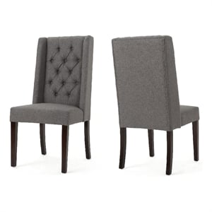 Pemberly Row Dining Chair Set of 2 Dark Brown Wood Tufted Gray Wingback