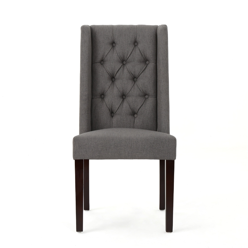 Pemberly Row Dining Chair Set of 2 Dark Brown Wood Tufted Gray Wingback