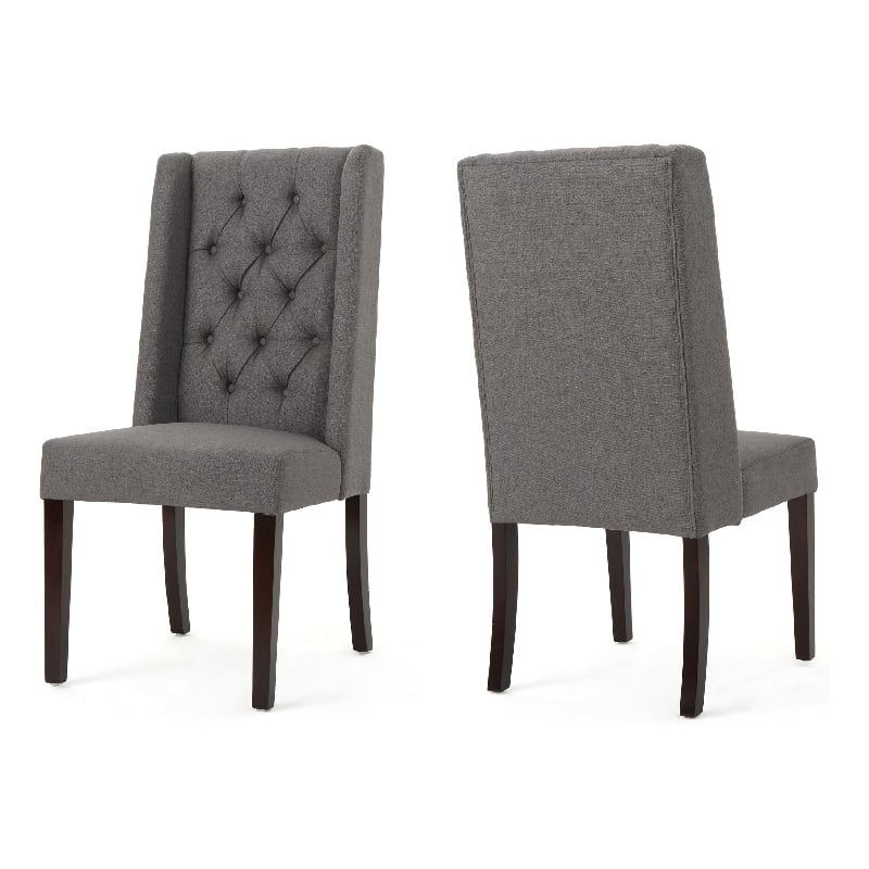 Pemberly Row Dining Chair Set of 2 Dark Brown Wood Tufted Gray Wingback