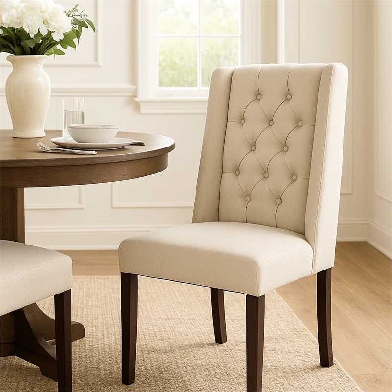 Pemberly Row Dining Chair Set of 2 Dark Brown Wood Tufted Beige Wingback