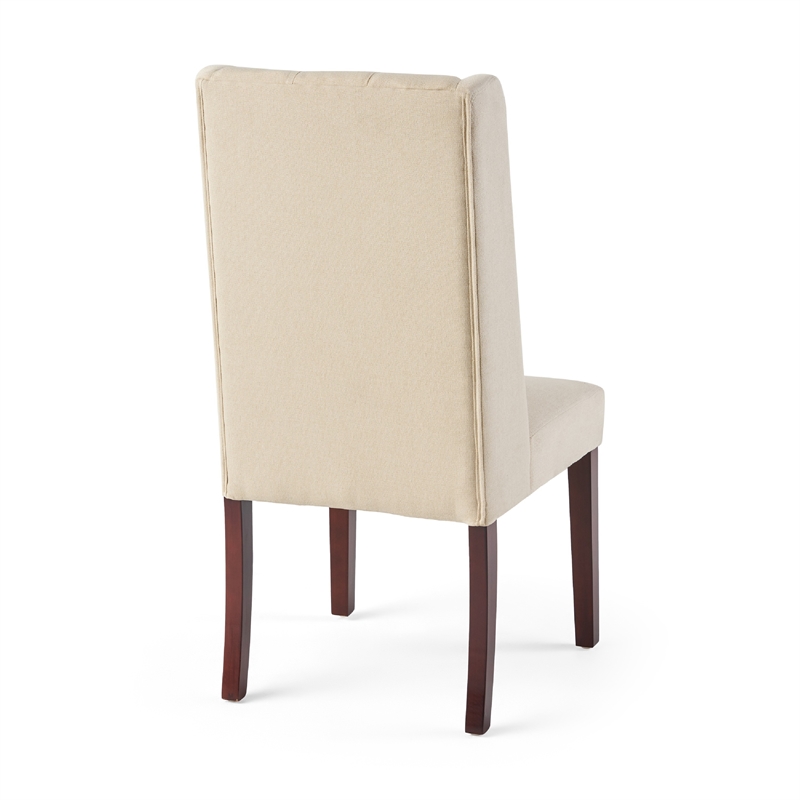 Pemberly Row Dining Chair Set of 2 Dark Brown Wood Tufted Beige Wingback