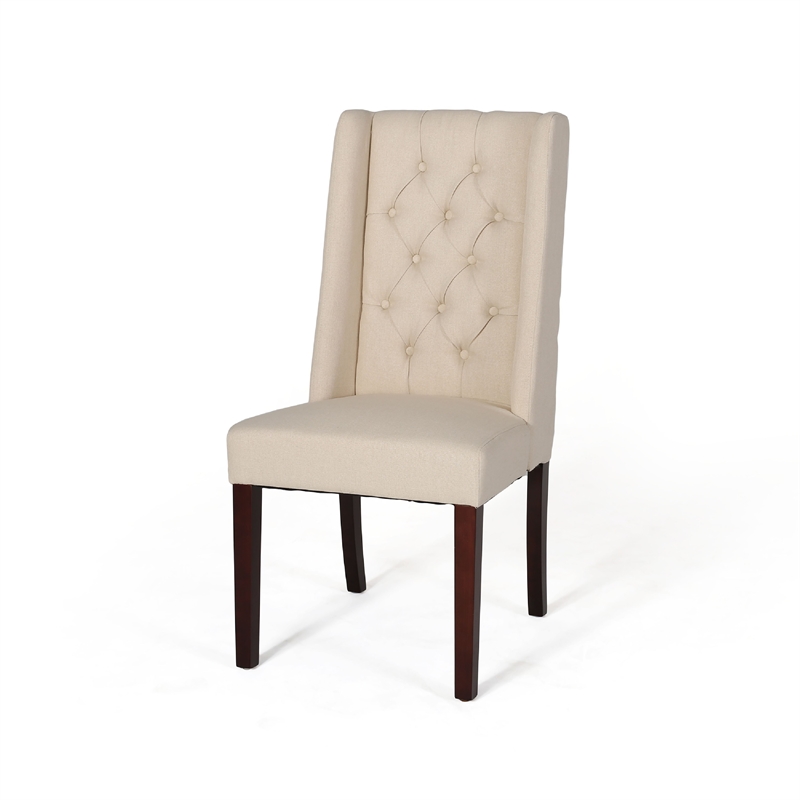 Pemberly Row Dining Chair Set of 2 Dark Brown Wood Tufted Beige Wingback