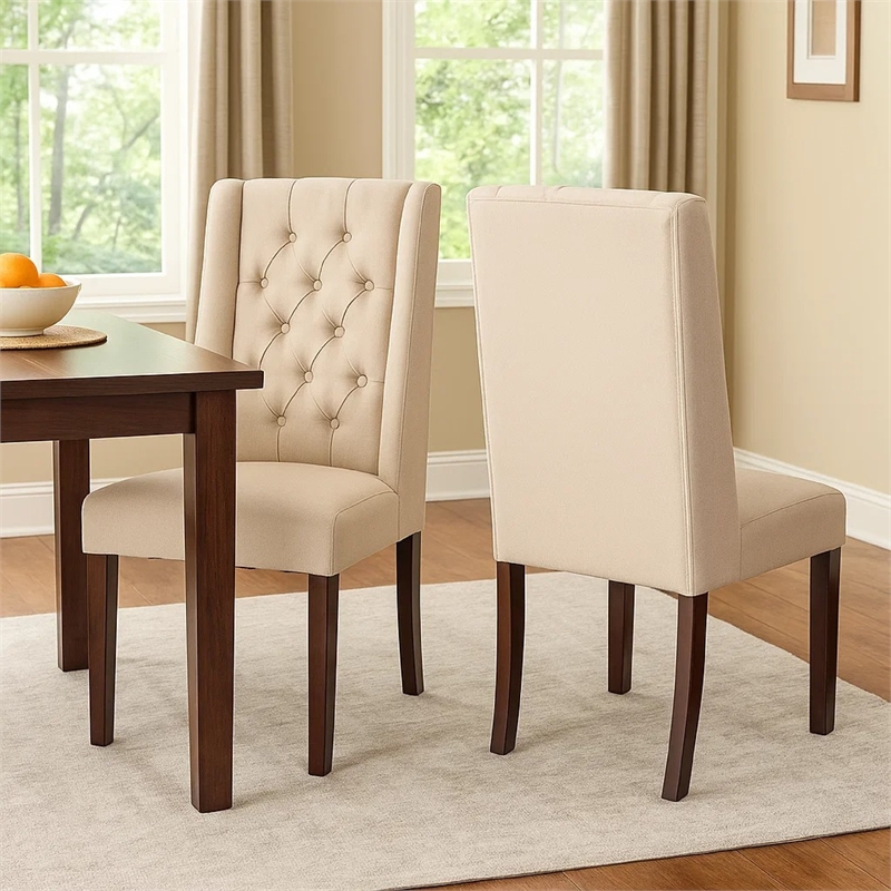 Pemberly Row Dining Chair Set of 2 Dark Brown Wood Tufted Beige Wingback