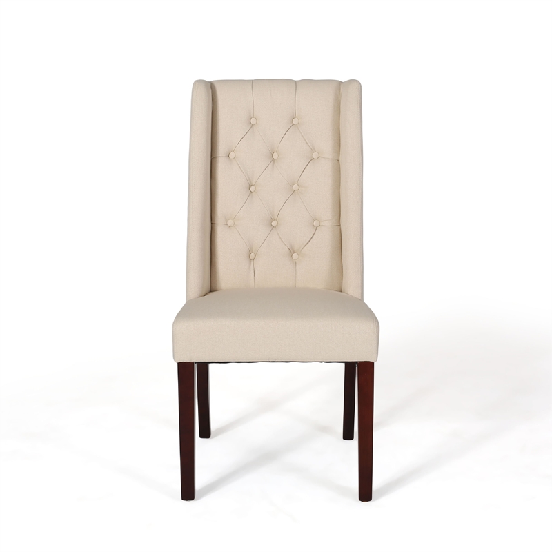 Pemberly Row Dining Chair Set of 2 Dark Brown Wood Tufted Beige Wingback