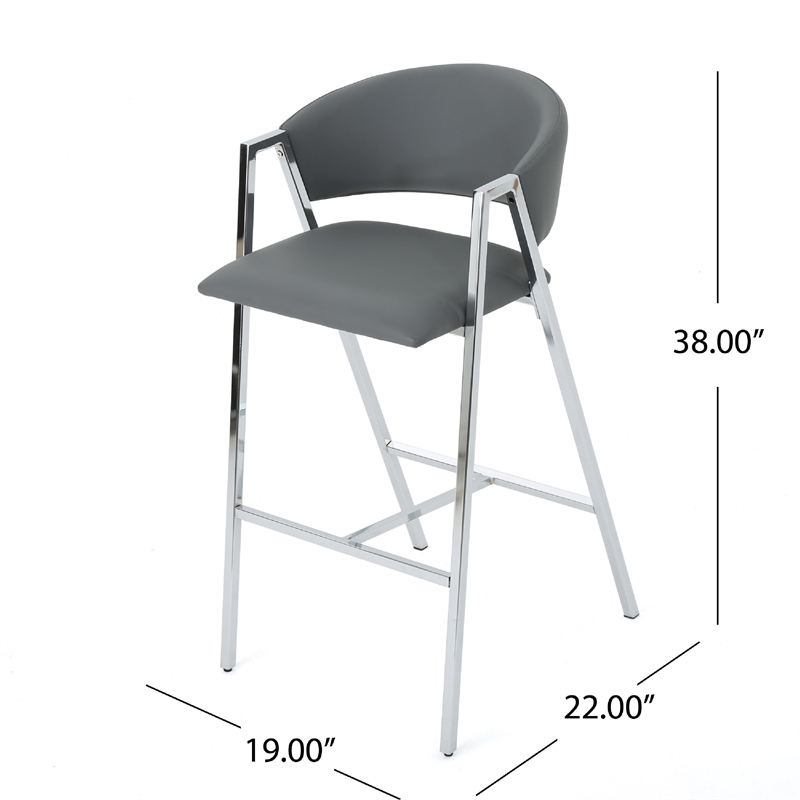 Pemberly Row Barstool Chair Set of 2 in Gray Faux Leather Padded Chrome Iron