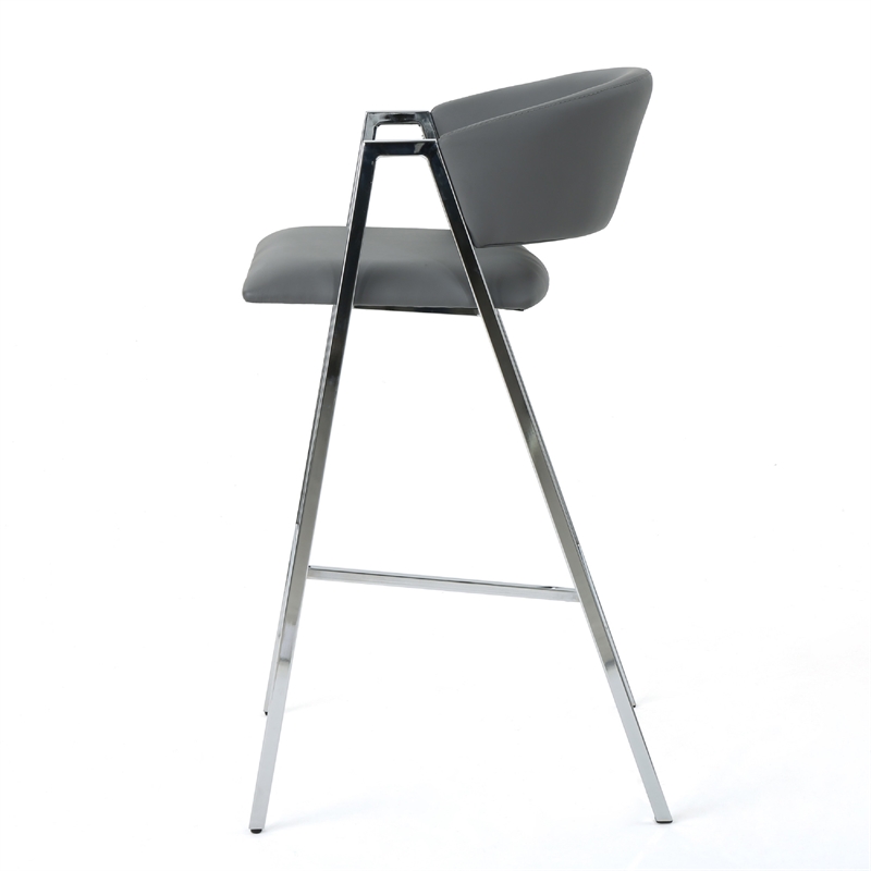 Pemberly Row Barstool Chair Set of 2 in Gray Faux Leather Padded Chrome Iron