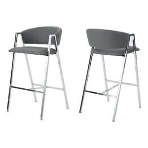 Pemberly Row Barstool Chair Set of 2 in Gray Faux Leather Padded Chrome Iron