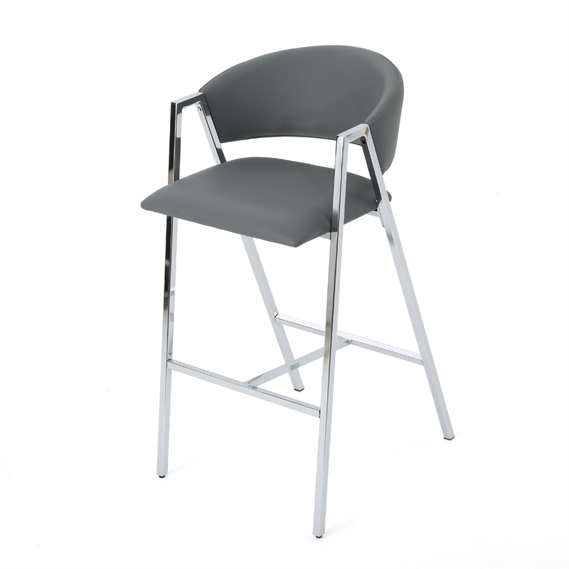 Pemberly Row Barstool Chair Set of 2 in Gray Faux Leather Padded Chrome Iron