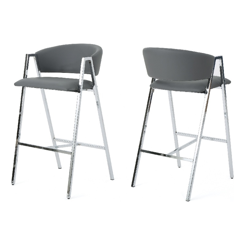 Pemberly Row Barstool Chair Set of 2 in Gray Faux Leather Padded Chrome Iron