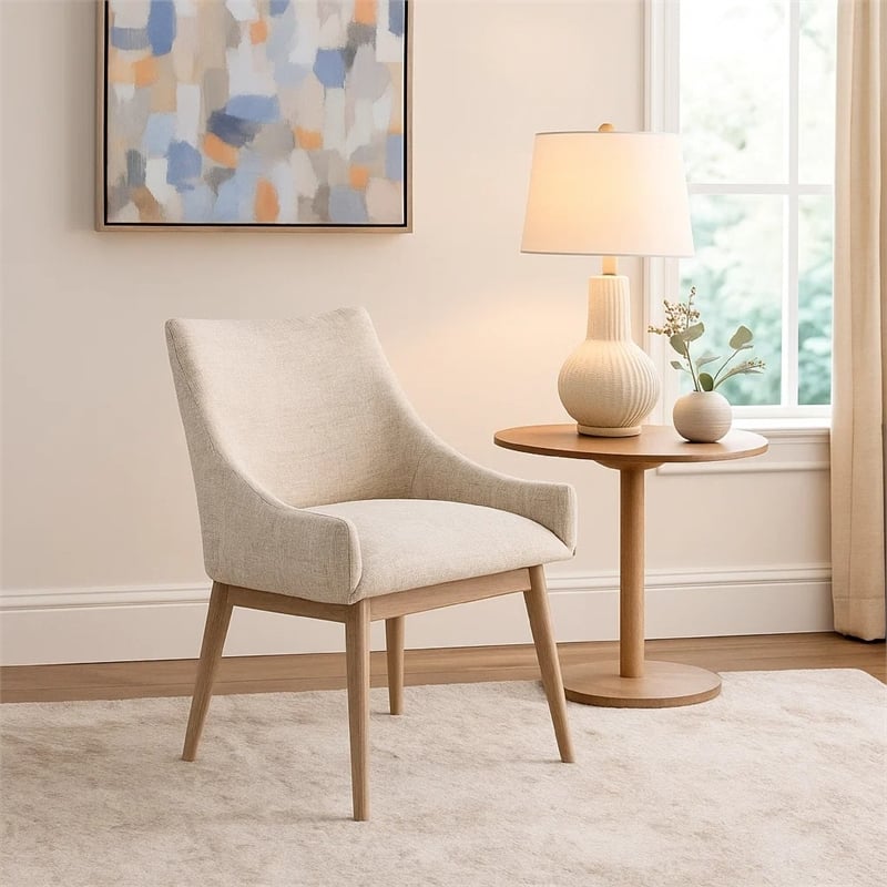 Pemberly Row Low Back Dining Chair Set of 2 Light Gray Fabric Wheat Brown Wood