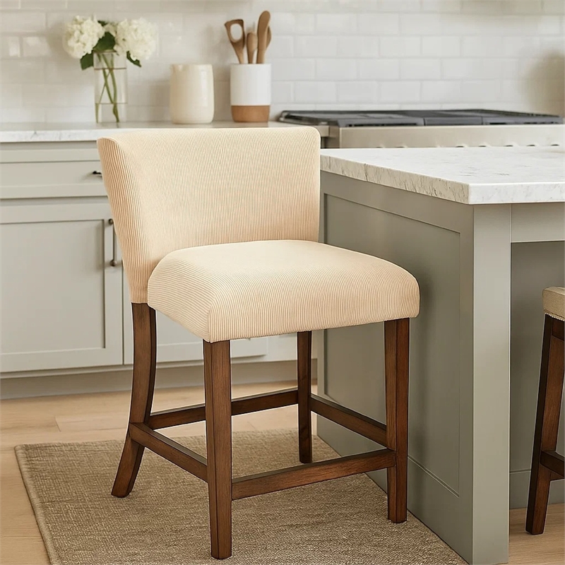 Pemberly Row Counter Stool Chair Set of 2 in Beige Dark Brown Solid Mahogany