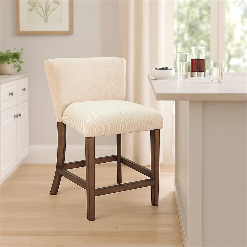 Pemberly Row Counter Stool Chair Set of 2 in Beige Dark Brown Solid Mahogany