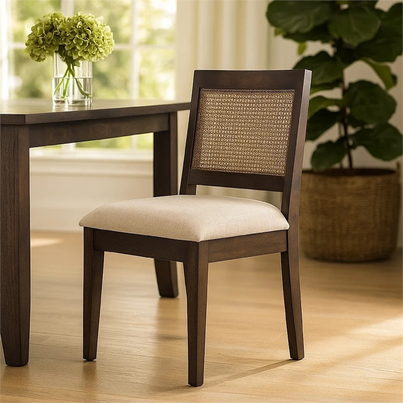 Pemberly Row Dining Chair Set of 2 Rattan Back in Beige Dark Brown Solid Wood