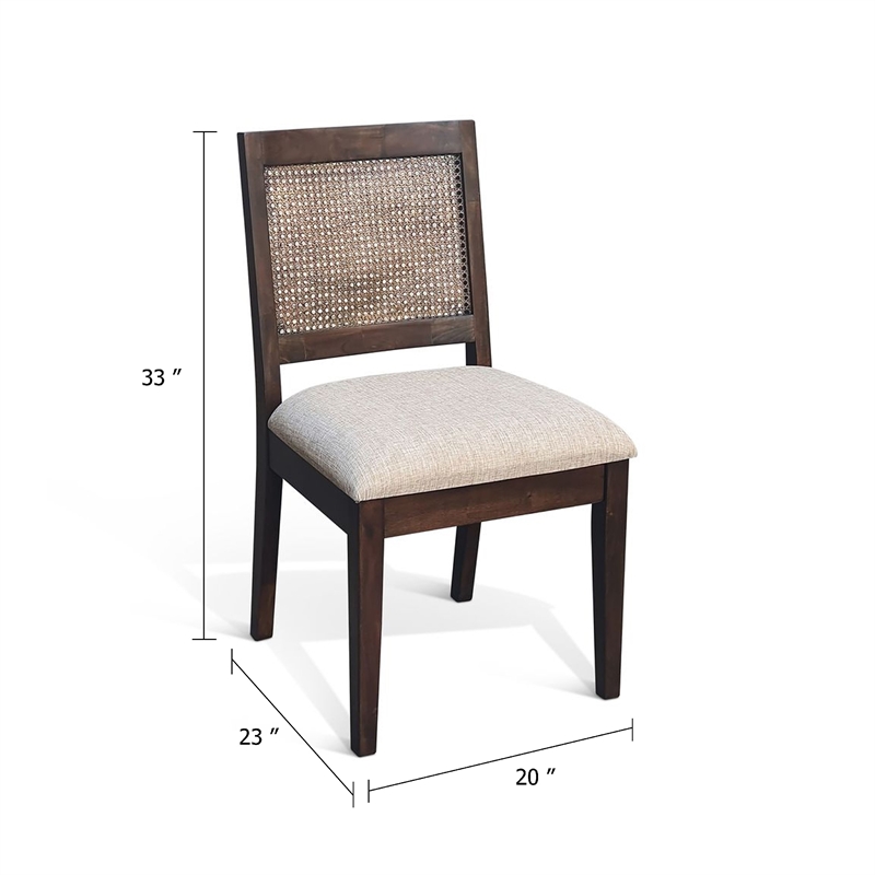 Pemberly Row Dining Chair Set of 2 Rattan Back in Beige Dark Brown Solid Wood