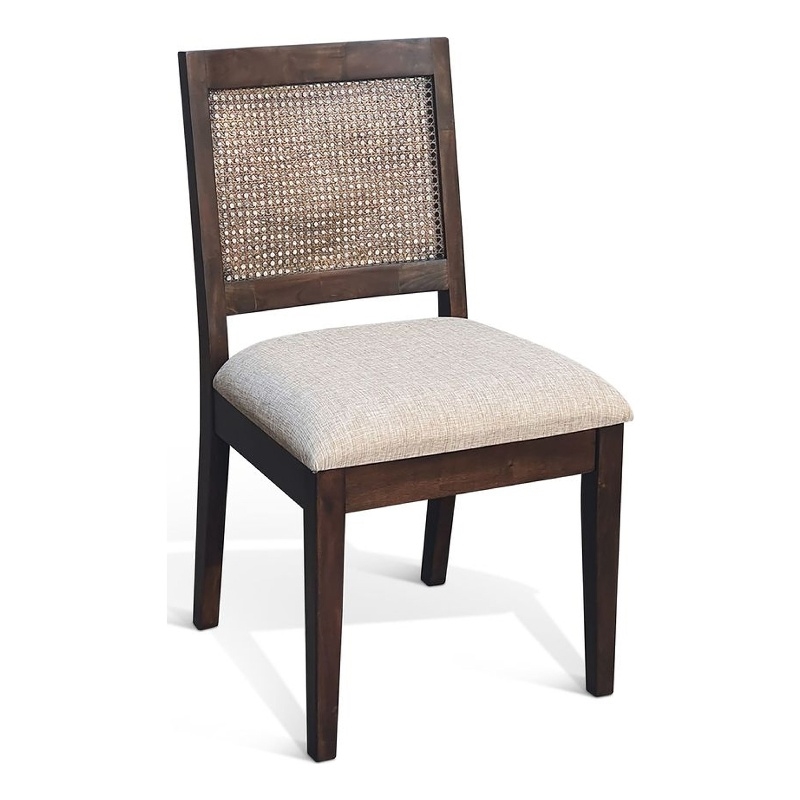 Pemberly Row Dining Chair Set of 2 Rattan Back in Beige Dark Brown Solid Wood