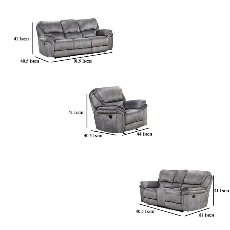 Pemberly Row 3 Piece Sofa Loveseat Chair Manual Recliner Set Gray Faux Leather