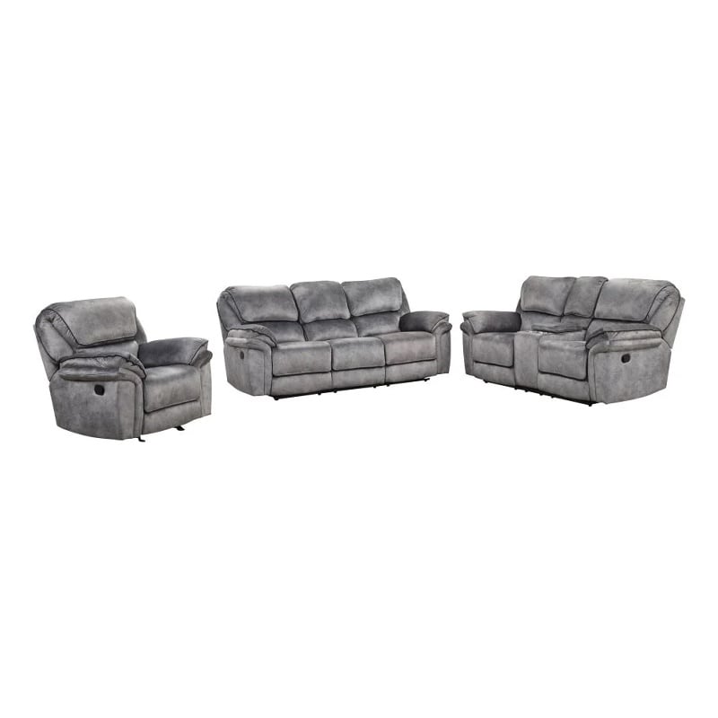 Pemberly Row 3 Piece Sofa Loveseat Chair Manual Recliner Set Gray Faux Leather
