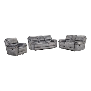 Pemberly Row 3 Piece Sofa Loveseat Chair Manual Recliner Set Gray Faux Leather