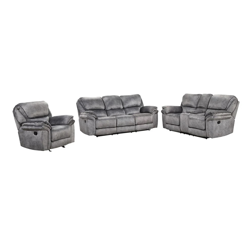 Pemberly Row 3 Piece Sofa Loveseat Chair Manual Recliner Set Gray Faux Leather