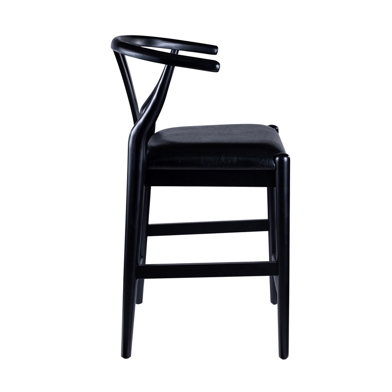 Pemberly Row Wishbone Counter Stool Chair Faux Leather Seat Black Rubberwood