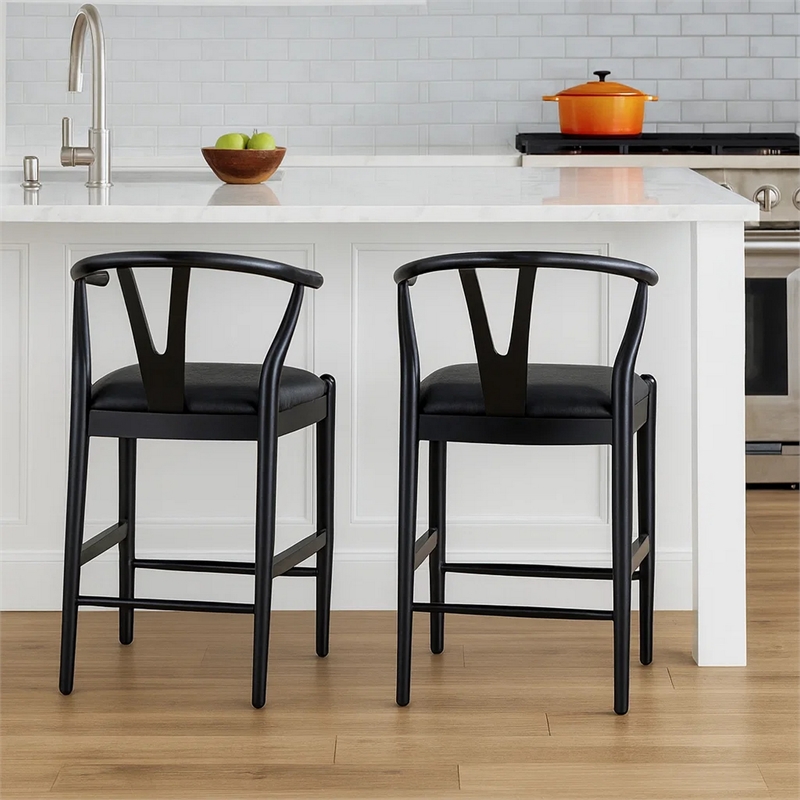 Pemberly Row Wishbone Counter Stool Chair Faux Leather Seat Black Rubberwood