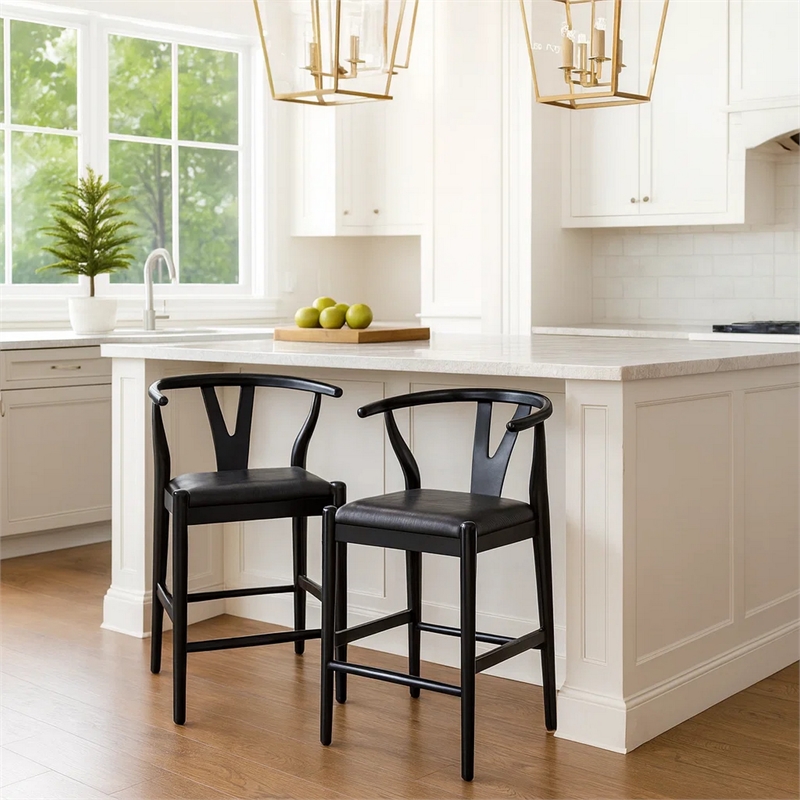 Pemberly Row Wishbone Counter Stool Chair Faux Leather Seat Black Rubberwood