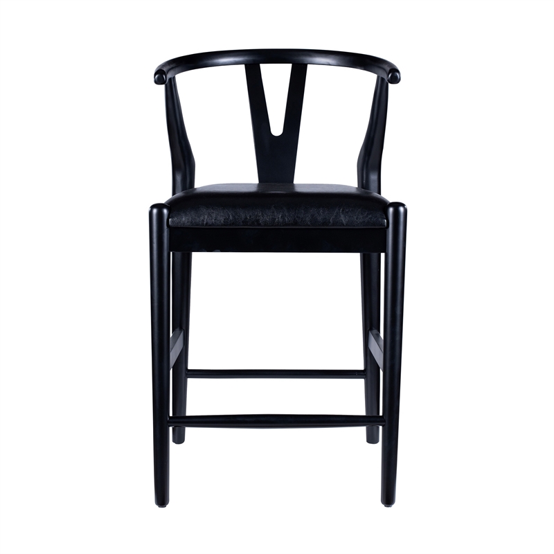 Pemberly Row Wishbone Counter Stool Chair Faux Leather Seat Black Rubberwood