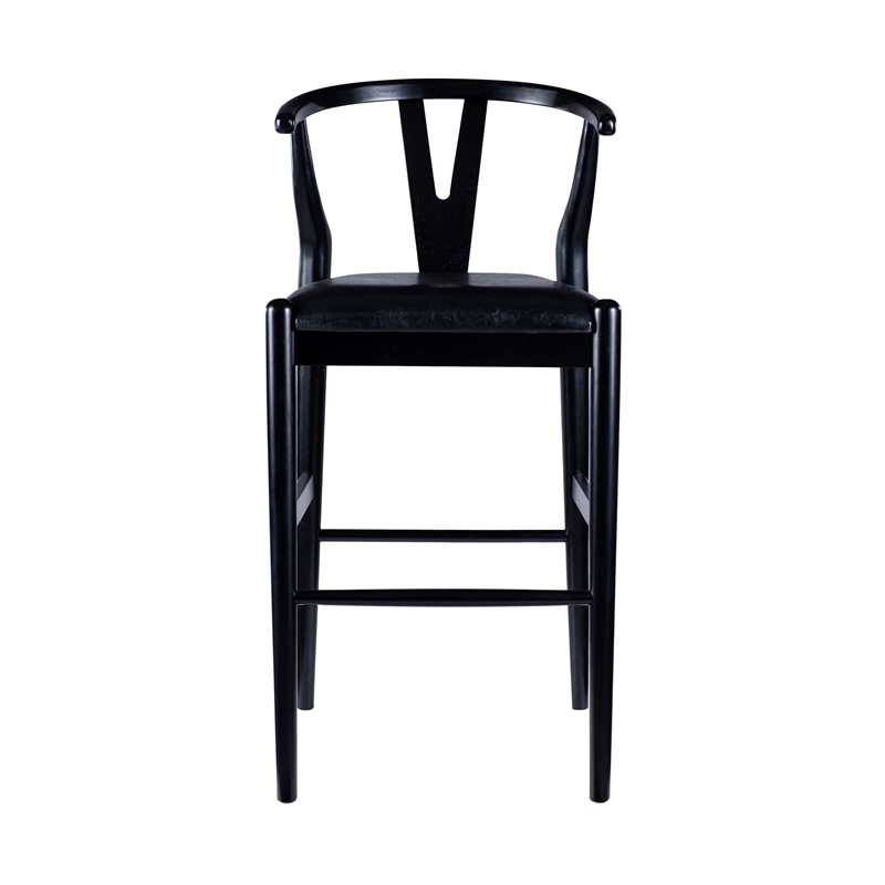 Pemberly Row Wishbone Barstool Chair Set of 2 Faux Leather Seat Black Rubberwood