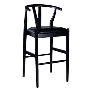Pemberly Row Wishbone Barstool Chair Set of 2 Faux Leather Seat Black Rubberwood