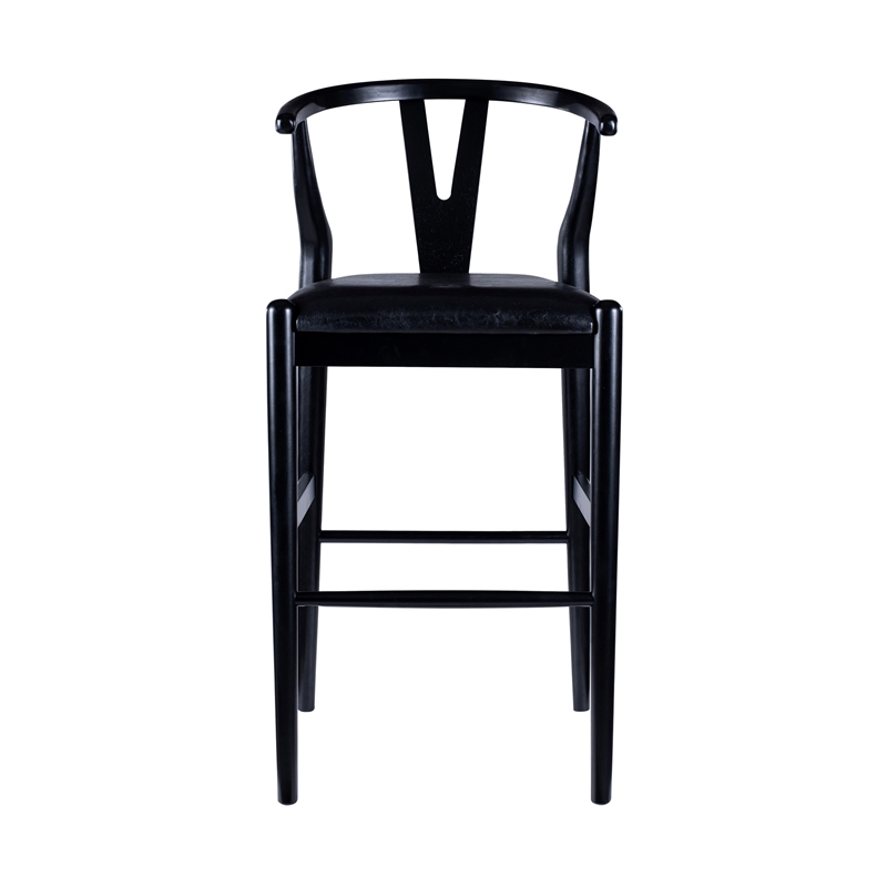 Pemberly Row Wishbone Barstool Chair Set of 2 Faux Leather Seat Black Rubberwood