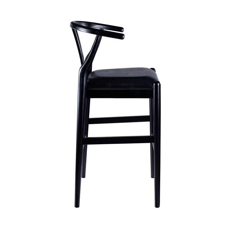 Pemberly Row Wishbone Barstool Chair Set of 2 Faux Leather Seat Black Rubberwood