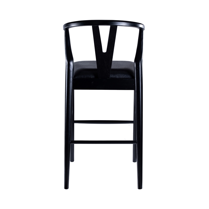 Pemberly Row Wishbone Barstool Chair Set of 2 Faux Leather Seat Black Rubberwood