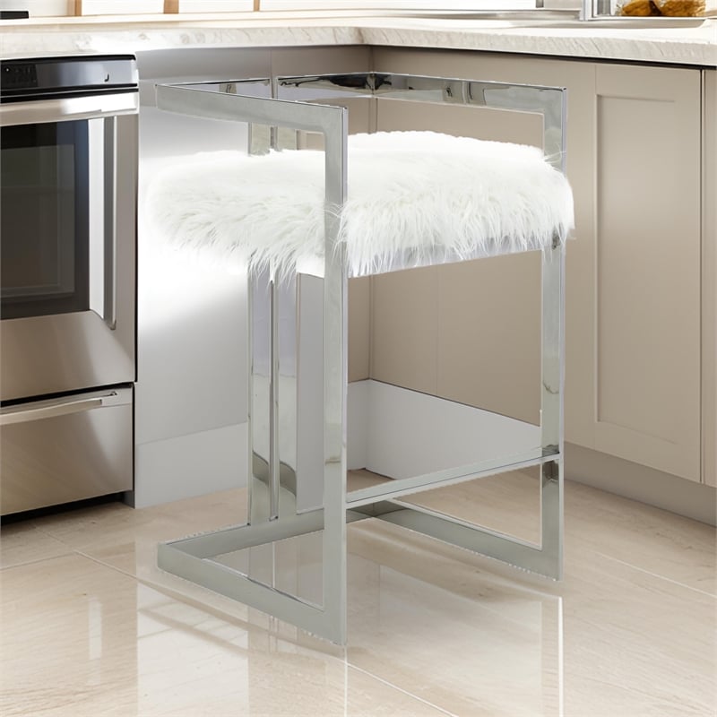Pemberly Row 30 Inch Barstool Chair White Faux Fur Silver Stainless Steel