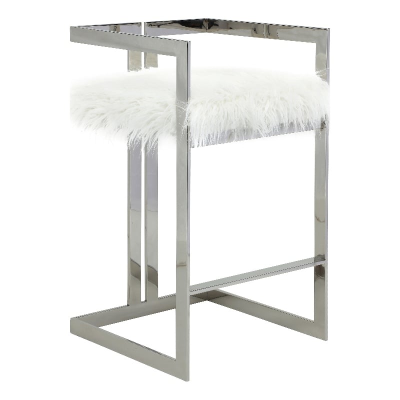 Pemberly Row 30 Inch Barstool Chair White Faux Fur Silver Stainless Steel