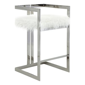 Pemberly Row 30 Inch Barstool Chair White Faux Fur Silver Stainless Steel