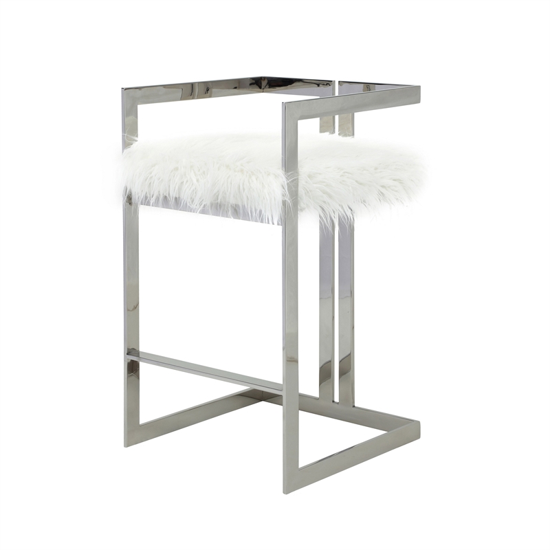 Pemberly Row 30 Inch Barstool Chair White Faux Fur Silver Stainless Steel