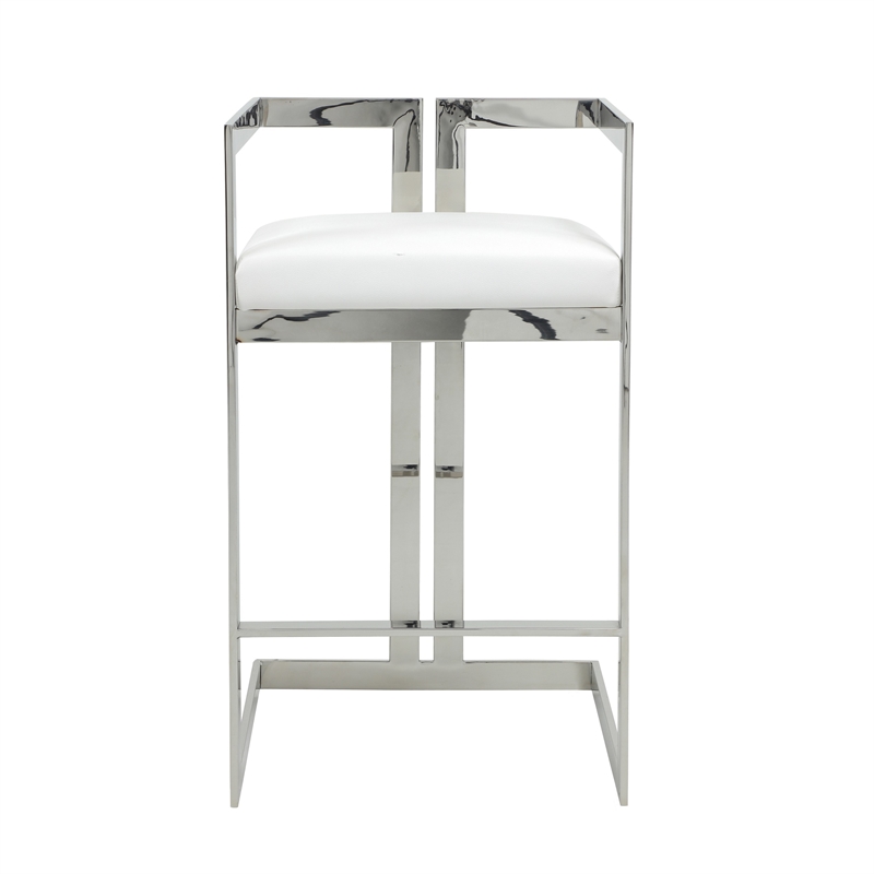 Pemberly Row 30 Inch Barstool Chair White Faux Leather Silver Stainless Steel