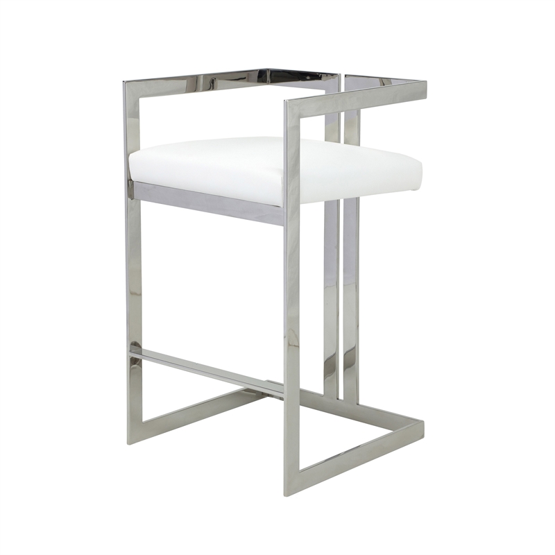 Pemberly Row 30 Inch Barstool Chair White Faux Leather Silver Stainless Steel