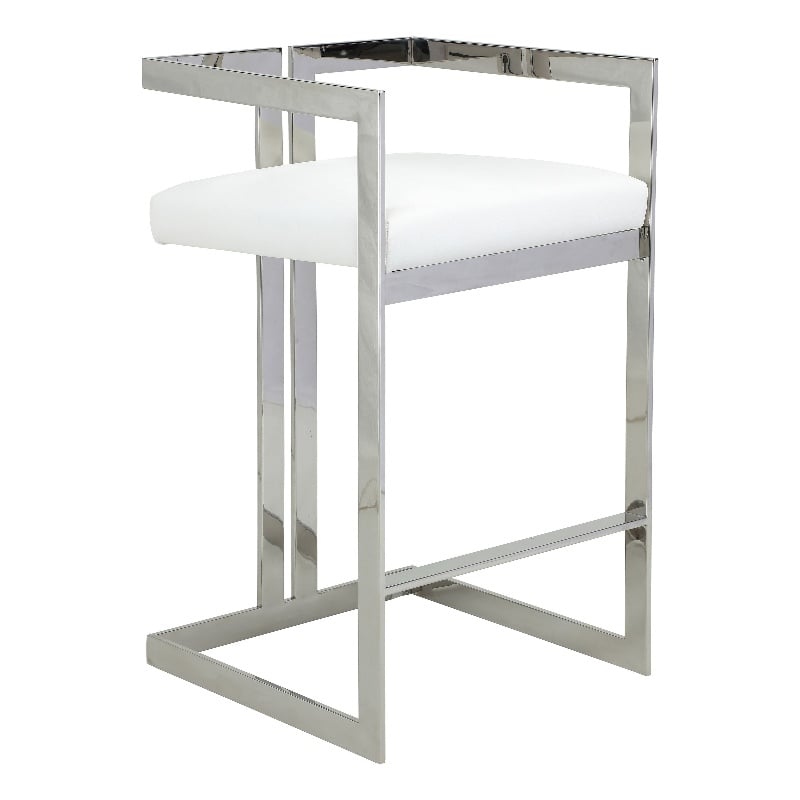 Pemberly Row 30 Inch Barstool Chair White Faux Leather Silver Stainless Steel