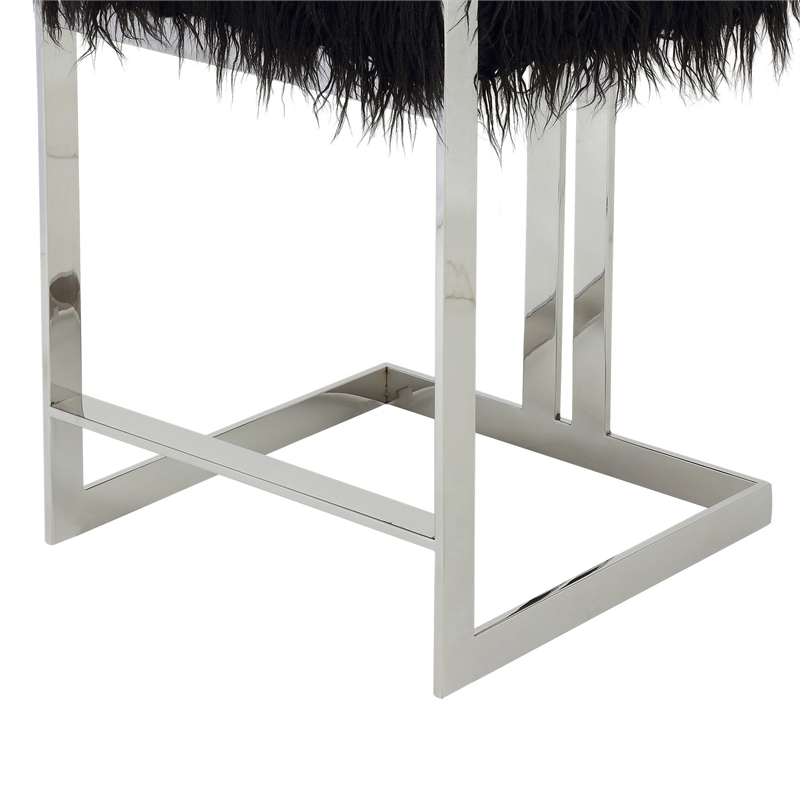 Pemberly Row 26 Inch Counter Stool Chair Black Faux Fur Silver Stainless Steel