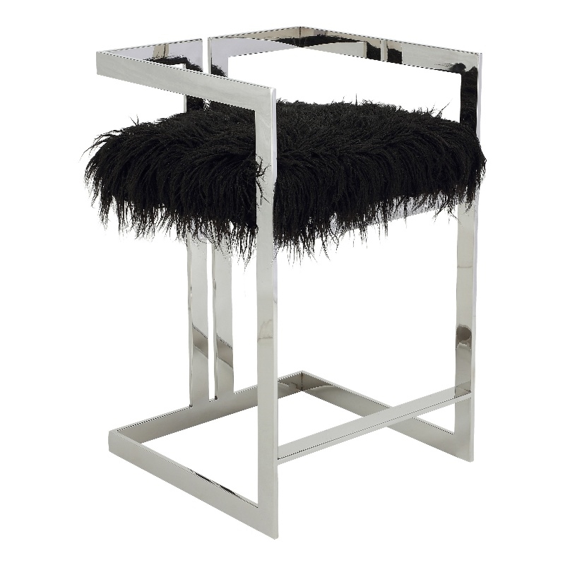Pemberly Row 26 Inch Counter Stool Chair Black Faux Fur Silver Stainless Steel