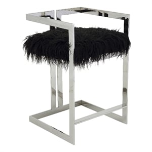 Pemberly Row 26 Inch Counter Stool Chair Black Faux Fur Silver Stainless Steel
