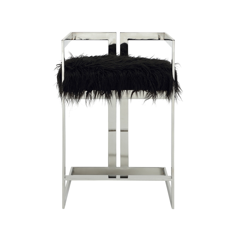 Pemberly Row 26 Inch Counter Stool Chair Black Faux Fur Silver Stainless Steel