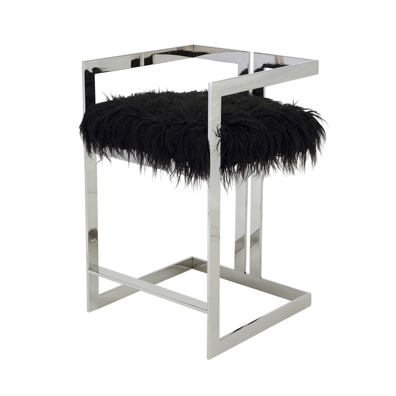 Pemberly Row 26 Inch Counter Stool Chair Black Faux Fur Silver Stainless Steel
