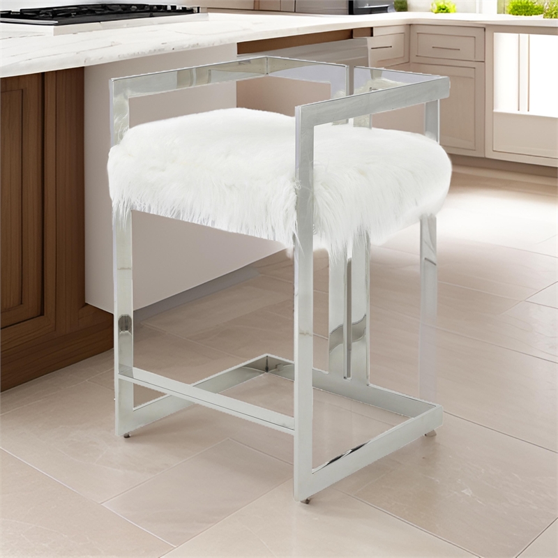 Pemberly Row 26 Inch Counter Stool Chair White Faux Fur Silver Stainless Steel