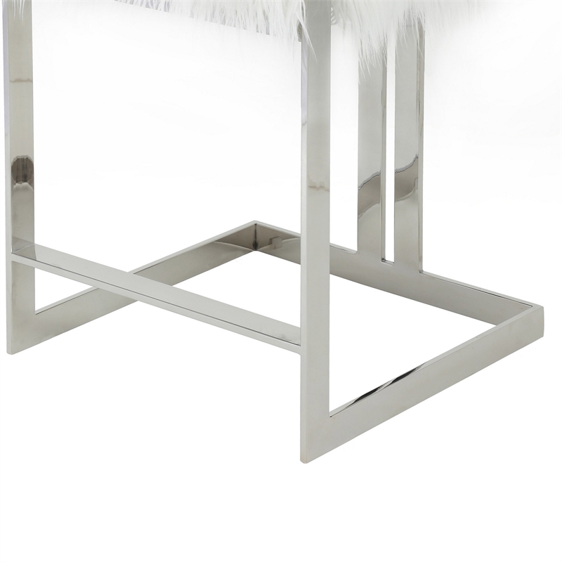 Pemberly Row 26 Inch Counter Stool Chair White Faux Fur Silver Stainless Steel
