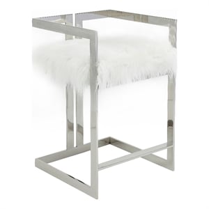 Pemberly Row 26 Inch Counter Stool Chair White Faux Fur Silver Stainless Steel