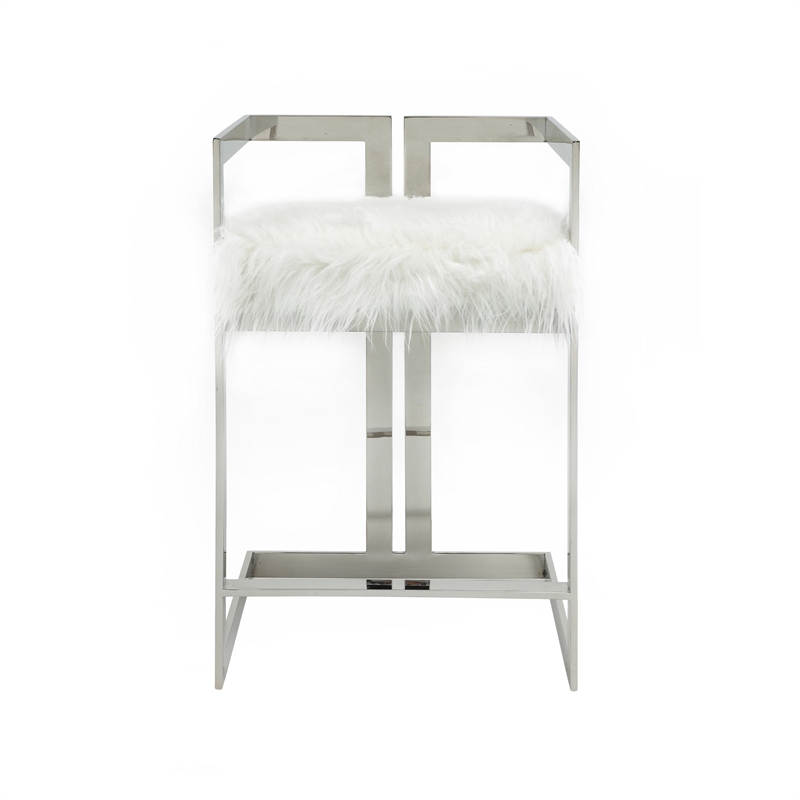 Pemberly Row 26 Inch Counter Stool Chair White Faux Fur Silver Stainless Steel