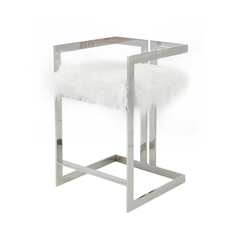 Pemberly Row 26 Inch Counter Stool Chair White Faux Fur Silver Stainless Steel